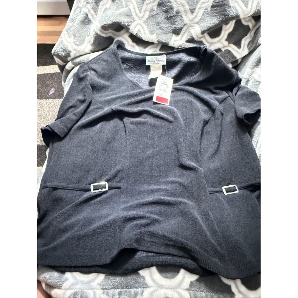 Nicole Studio Black Short-Sleeve Knit Top with Buckle Detail